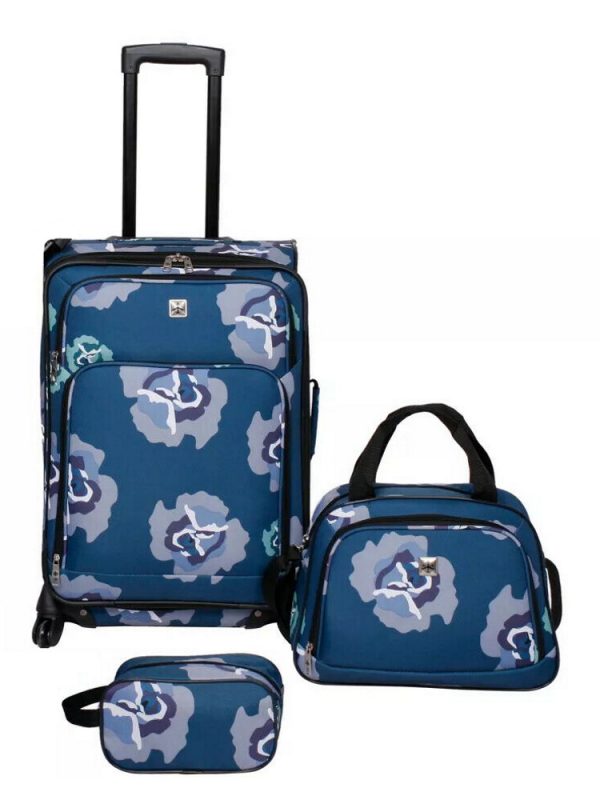 Luggage Set Skyline 24 in Spinner Suitcase Carry Tote and Cosmetic Bag Floral Blue 1